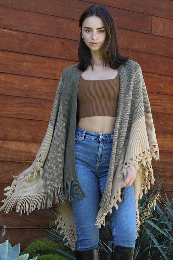 Sweater Wrap Poncho with Fringe