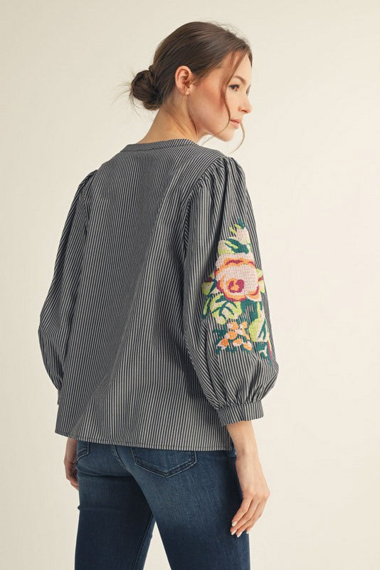 Floral Embroidered Striped Blouse in Black