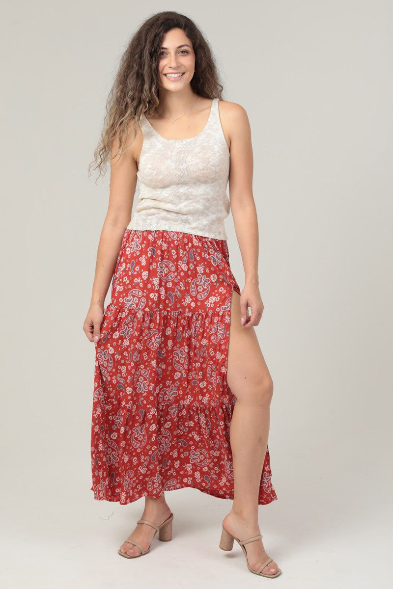 Paisley Print Maxi Skirt with High Side Slit