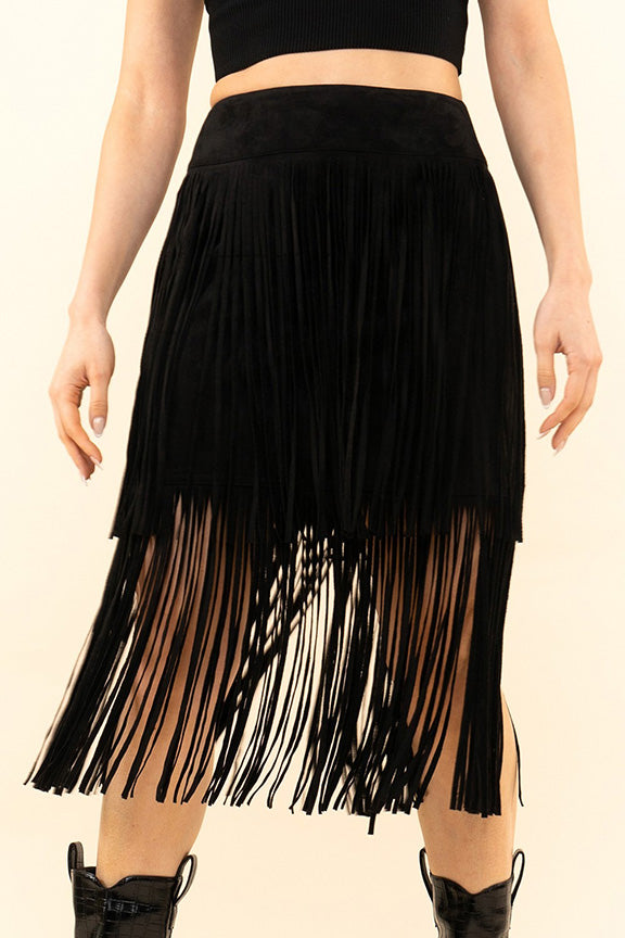 Suede Double Fringe Skirt in Black