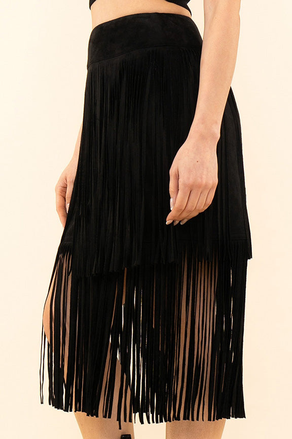 Suede Double Fringe Skirt in Black