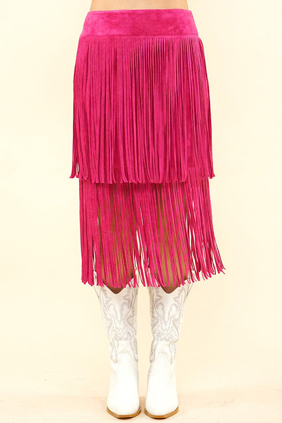 Suede Double Fringe Skirt in Fuchsia
