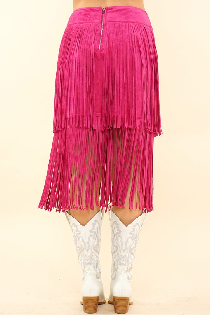 Suede Double Fringe Skirt in Fuchsia
