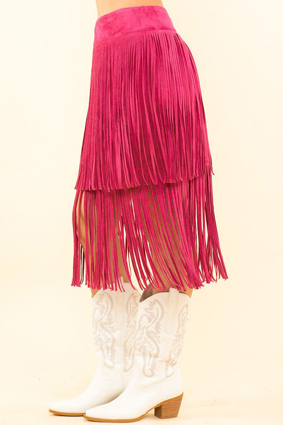 Suede Double Fringe Skirt in Fuchsia