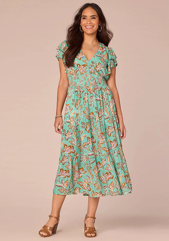 Double Flutter Sleeve Print Dress