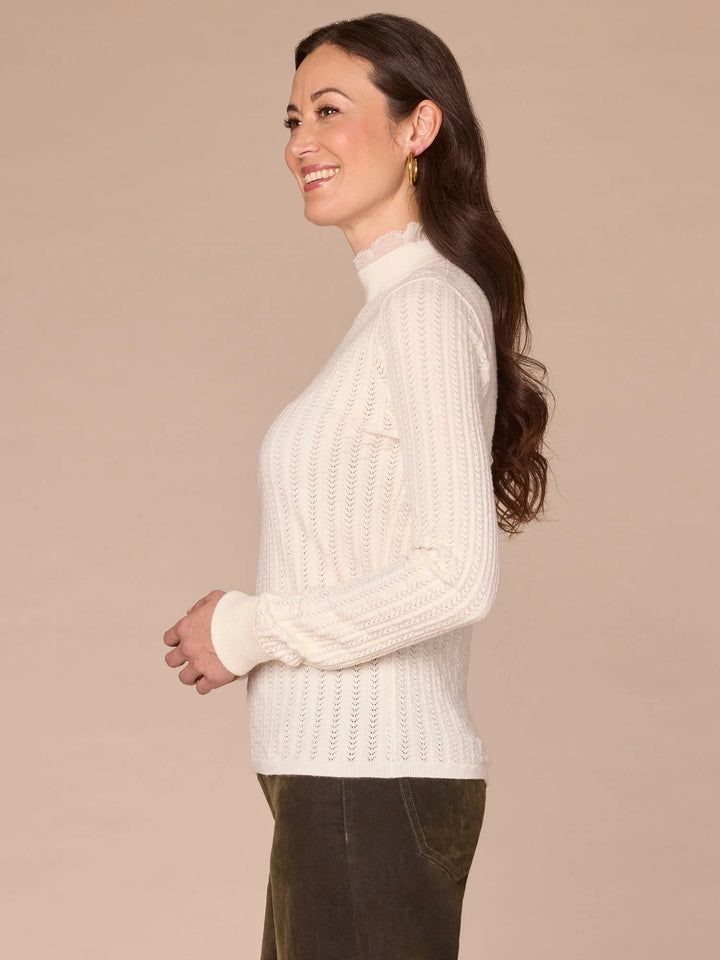 Mock Neck Pointelle Sweater with Beaded Ruffle Neckline