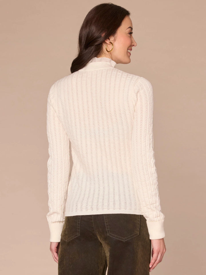 Mock Neck Pointelle Sweater with Beaded Ruffle Neckline