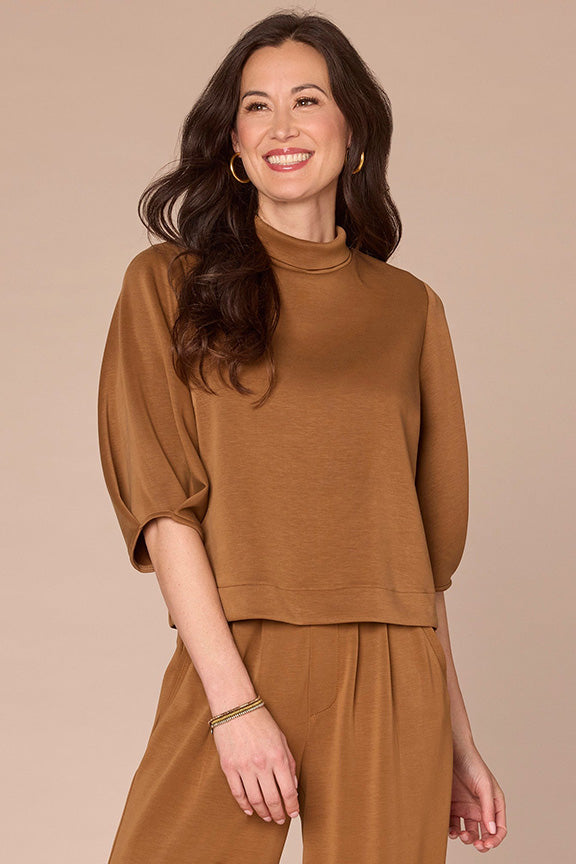 Pleated Elbow Sleeve Mock Neck Cropped Hem Knit Top