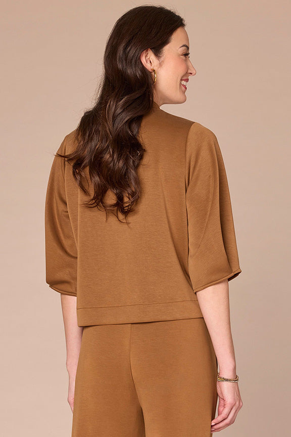 Pleated Elbow Sleeve Mock Neck Cropped Hem Knit Top