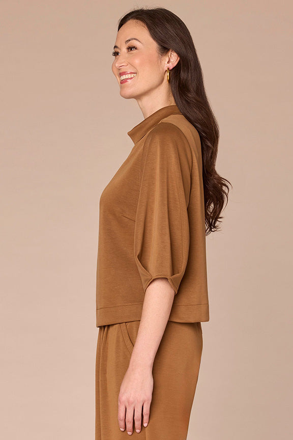 Pleated Elbow Sleeve Mock Neck Cropped Hem Knit Top