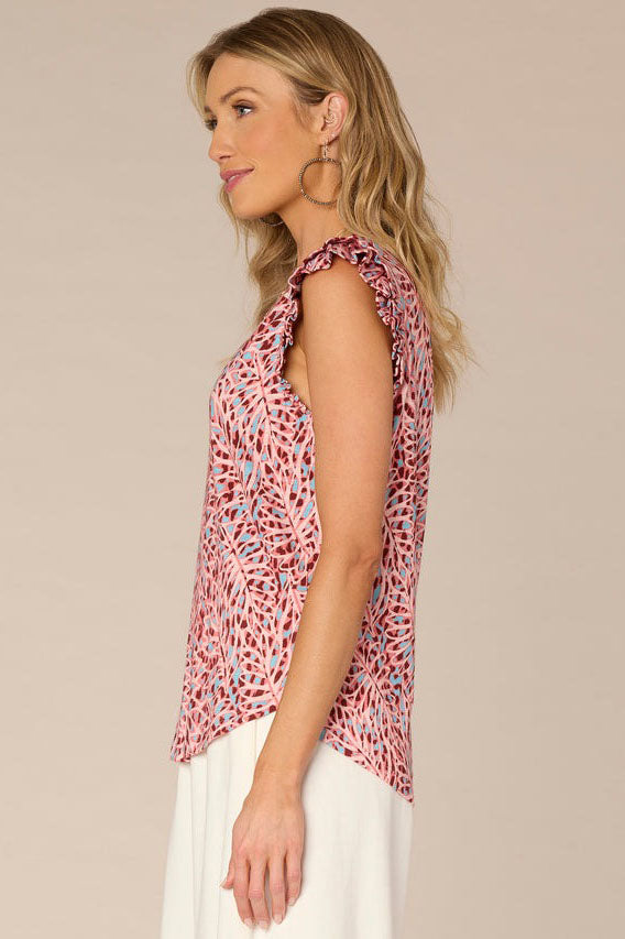 Abstract Print Top with Double Ruffle Cap Sleeve