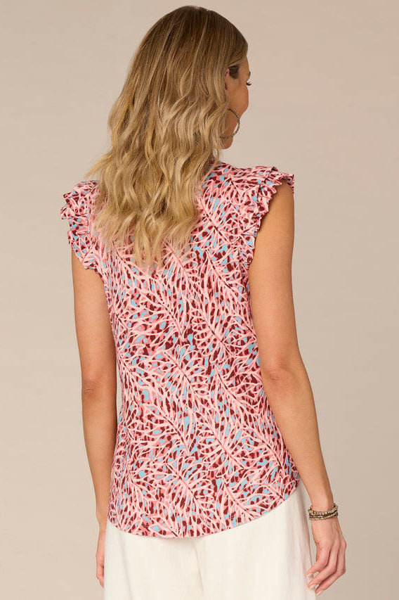 Abstract Print Top with Double Ruffle Cap Sleeve