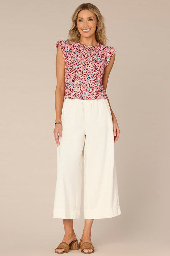 Abstract Print Top with Double Ruffle Cap Sleeve