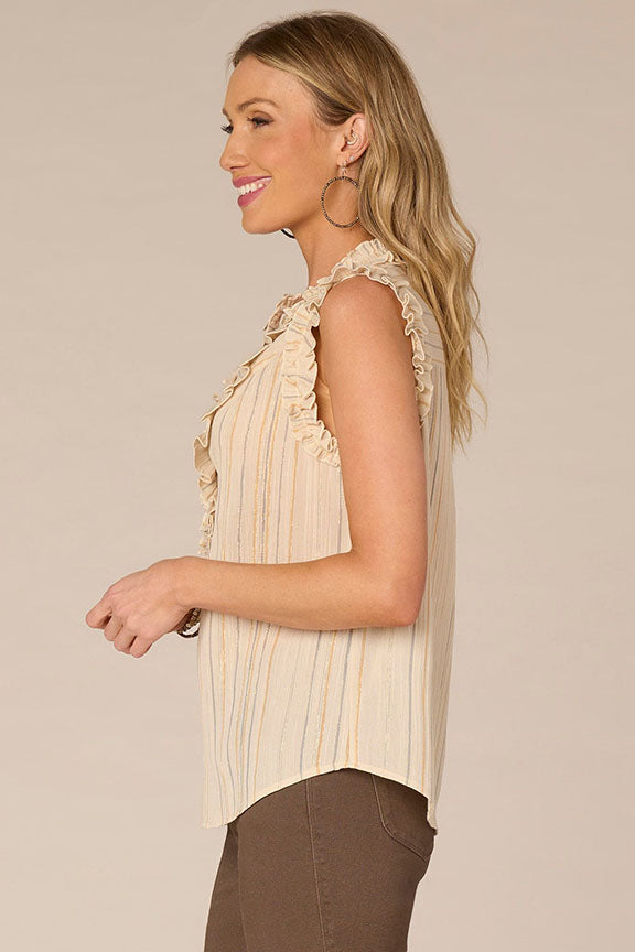 Sleeveless Ruched Stand Collar Top in Ecru