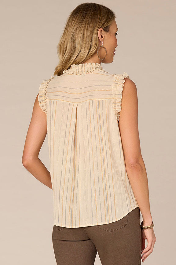 Sleeveless Ruched Stand Collar Top in Ecru
