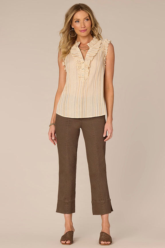 Sleeveless Ruched Stand Collar Top in Ecru