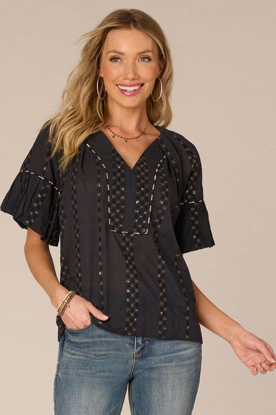 Bubble Sleeve Embroidered Top