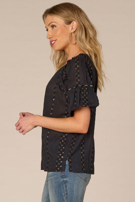 Bubble Sleeve Embroidered Top
