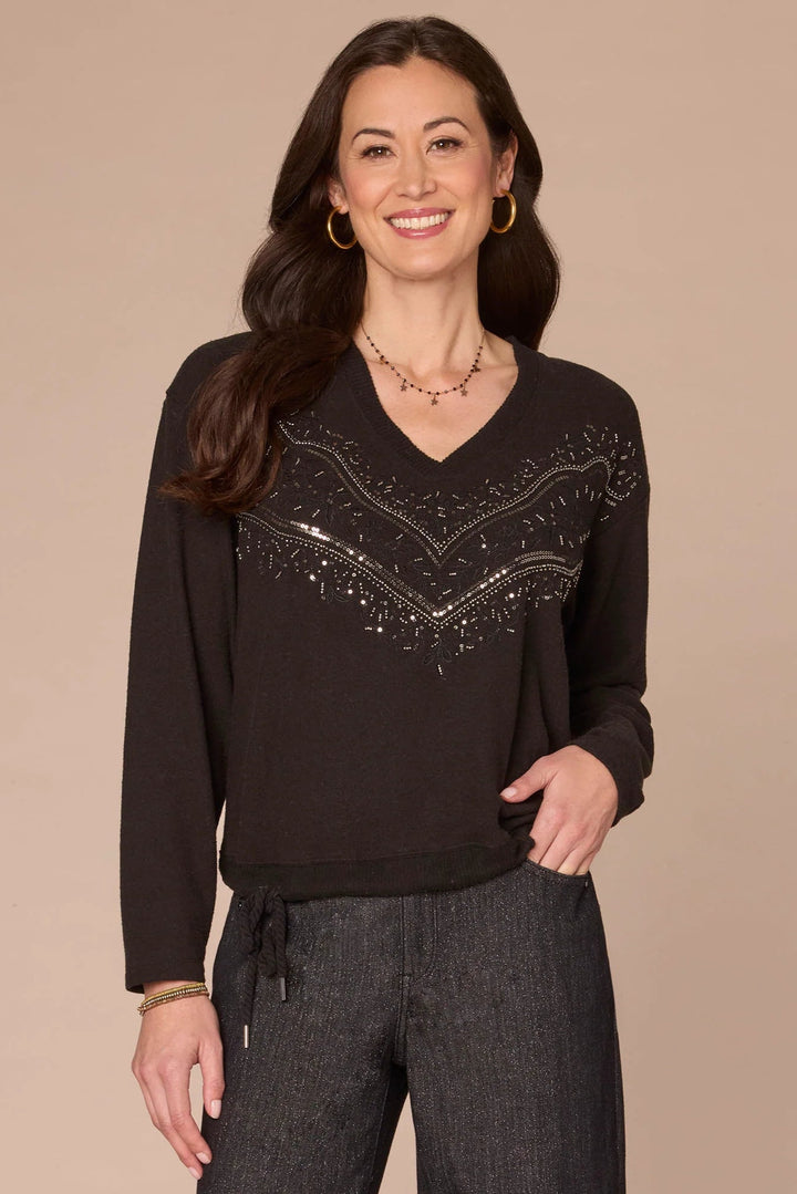 Embroidered Sequined V-neck Top with Tie Hem