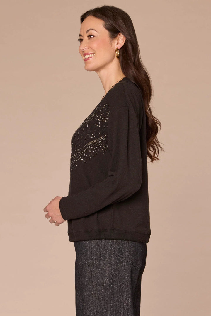 Embroidered Sequined V-neck Top with Tie Hem
