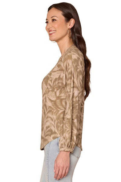 Long Sleeve Scoop Neck Print Top