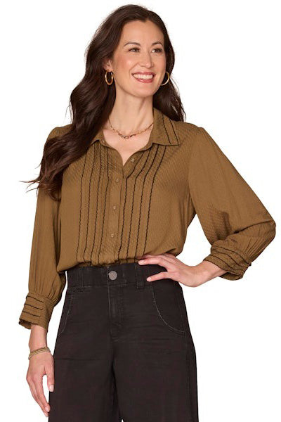 3/4 Sleeve Button Down Top with Scallop Trimming in Golden Olive