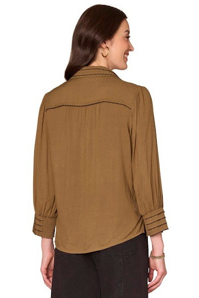 3/4 Sleeve Button Down Top with Scallop Trimming in Golden Olive
