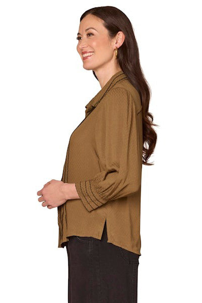 3/4 Sleeve Button Down Top with Scallop Trimming in Golden Olive