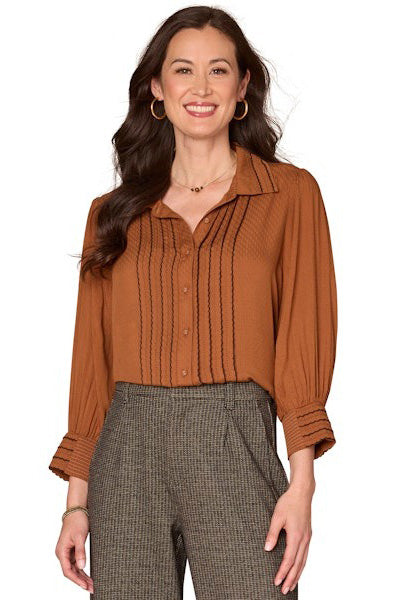 3/4 Sleeve Button Down Top with Scallop Trimming in Pecan