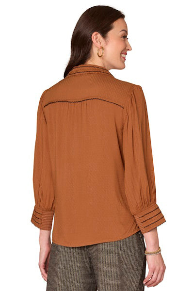 3/4 Sleeve Button Down Top with Scallop Trimming in Pecan