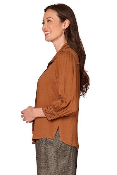 3/4 Sleeve Button Down Top with Scallop Trimming in Pecan
