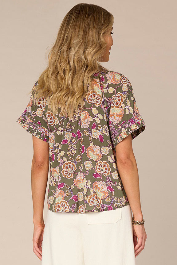 Short Sleeve Pleated Collar Printed Top