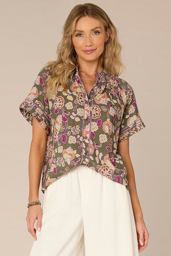 Short Sleeve Pleated Collar Printed Top