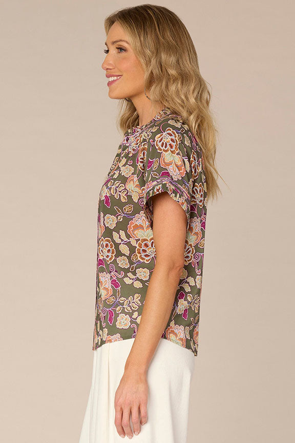 Short Sleeve Pleated Collar Printed Top