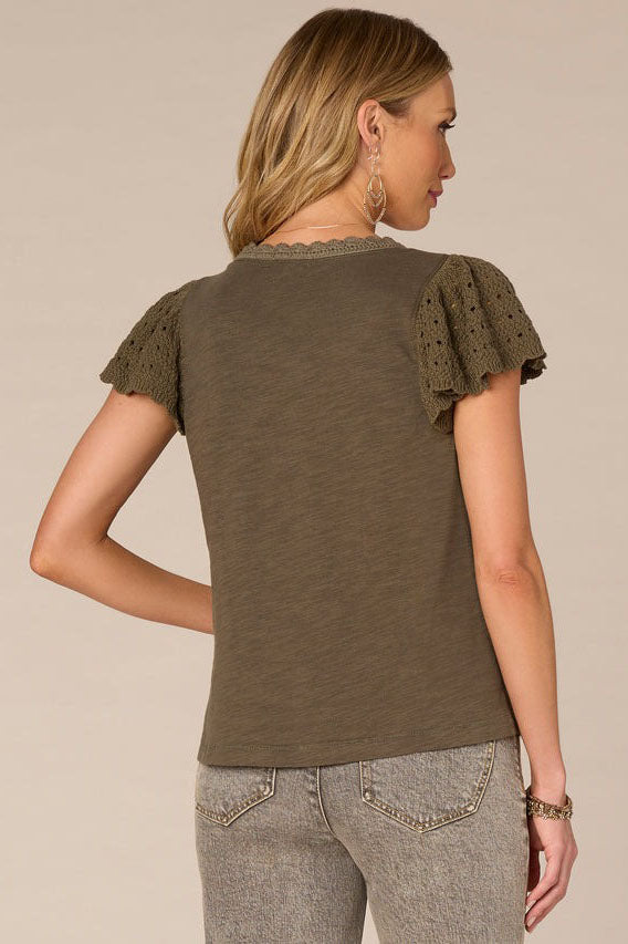 Crochet Flutter Sleeve Knit Top in Pesto