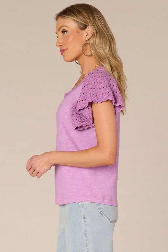 Crochet Flutter Sleeve Knit Top in Violet Orchid