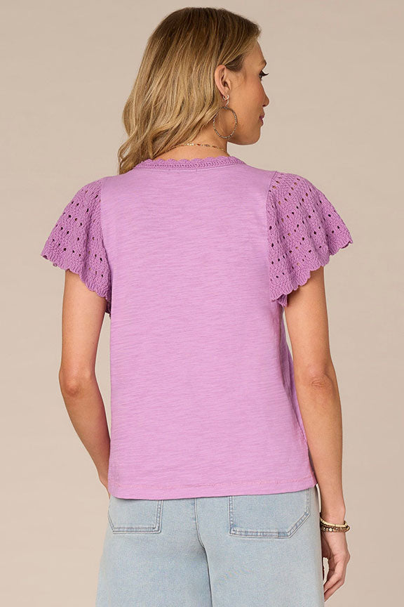 Crochet Flutter Sleeve Knit Top in Violet Orchid