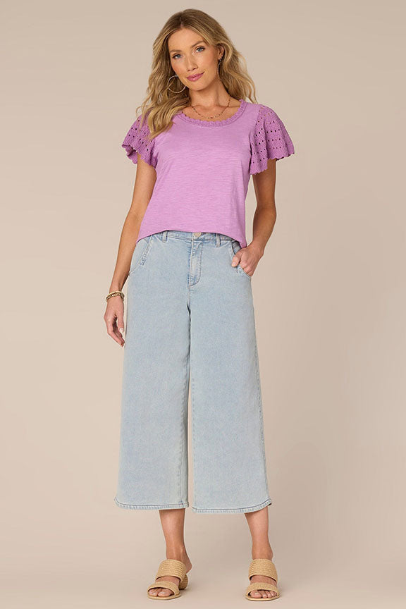 Crochet Flutter Sleeve Knit Top in Violet Orchid