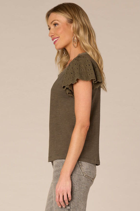 Crochet Flutter Sleeve Knit Top in Pesto