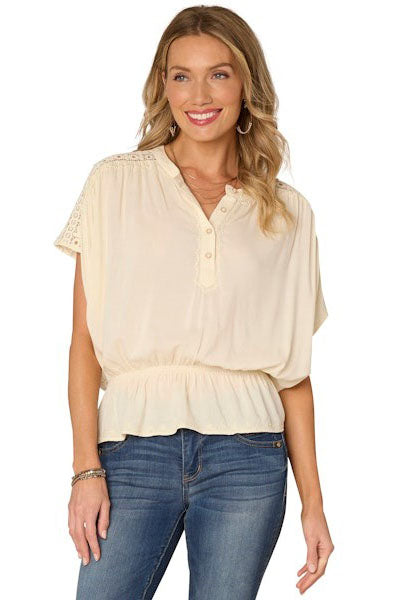 Short Sleeve Crochet Shoulder Woven Top with Peplum Hem