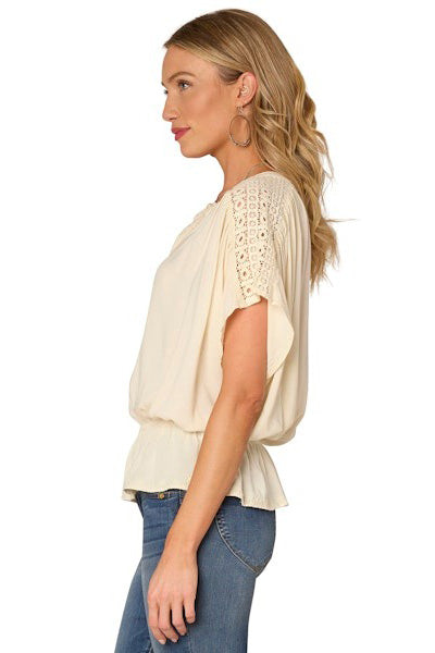 Short Sleeve Crochet Shoulder Woven Top with Peplum Hem