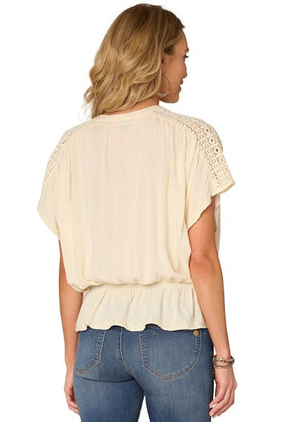 Short Sleeve Crochet Shoulder Woven Top with Peplum Hem