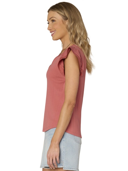 Flutter Sleeve Split Neck Top in Cashmere Rose
