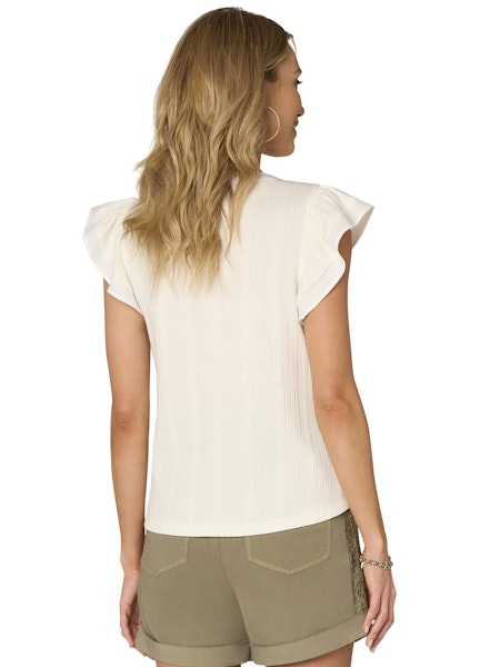 Flutter Sleeve Split Neck Top in Off White