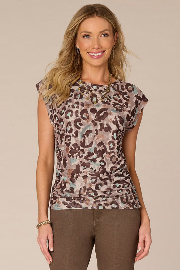 Cap Sleeve Printed Woven Knit Top