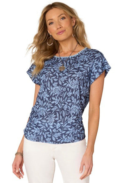 Printed Top with Embroidered Scoop Neck and Roll Cuff