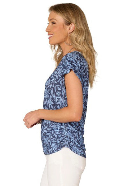Printed Top with Embroidered Scoop Neck and Roll Cuff