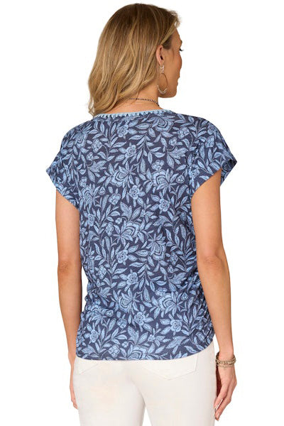 Printed Top with Embroidered Scoop Neck and Roll Cuff
