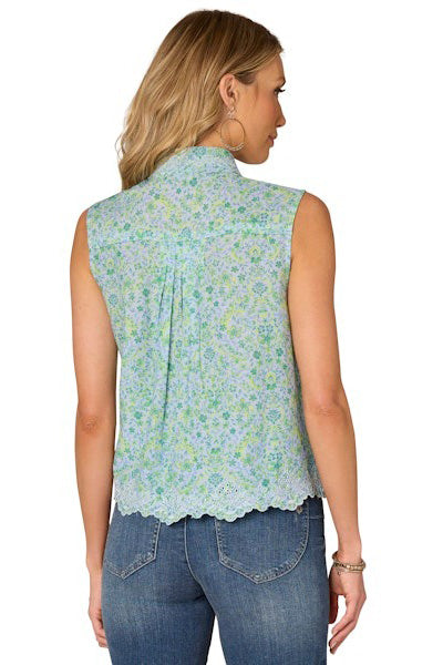 Sleeveless Blouse with Collared Neck and Scallop Hem