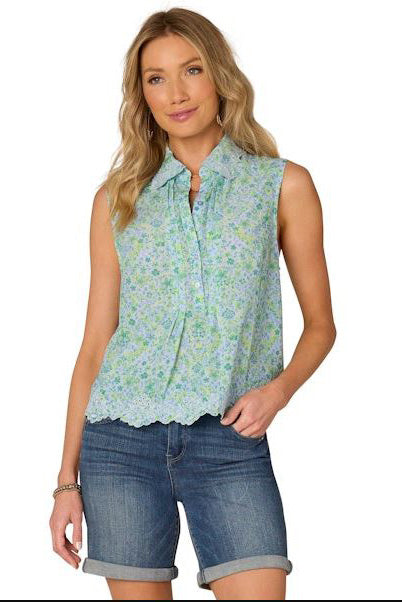 Sleeveless Blouse with Collared Neck and Scallop Hem